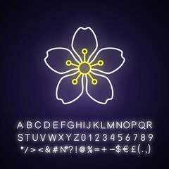 Cherry blossoms neon light icon. Japanese sakura. Seasonal march flowers. Chinese spring. Outer glowing effect. Sign with alphabet, numbers and symbols. Vector isolated RGB color illustration