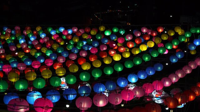 Busan,Korea-May-06-2021 Lotus lanterns to celebrate Buddha's birthday at Korean Temple in Busan