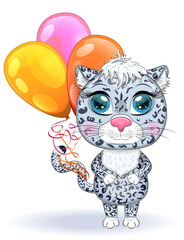 Cartoon snow leopard with expressive eyes among flowers, hearts, decorative elements. Wild animals, character, childish cute style.