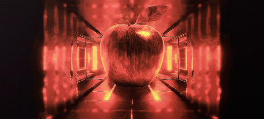 A giant apple on the floor. Red lighting. Futuristic background