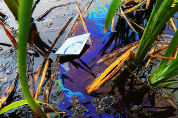 Ecological catastrophe. Spill of oil products into a natural reservoir. A paper boat floats in colorful water polluted by an industrial plant