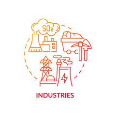 Industries concept icon. Outdoor air pollutant idea thin line illustration. Industrial pollution. Untreated gas and liquid waste. Manufacturing factories. Vector isolated outline RGB color drawing