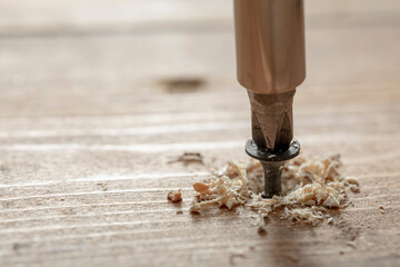 Self-tapping screw screwed into a wooden board close-up. Screw for wood