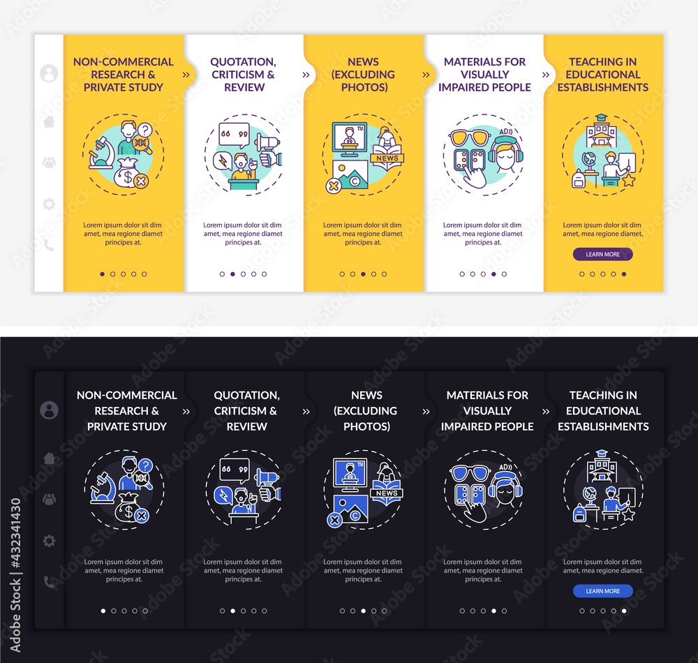 Poster copyright specificity onboarding vector template. responsive mobile website with icons. web page wal