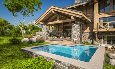3d rendering of modern cozy chalet with pool and parking for sale or rent. Beautiful forest mountains on background. Massive timber beams columns. Clear sunny summer day with cloudless sky.