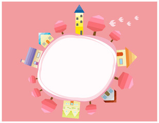 シンプルな街並みのベクターイラスト　枠　背景 　春