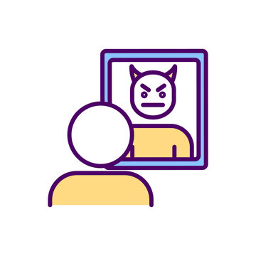 Self-critical behavior RGB color icon. Distorting self-image. Being critical about itself. Low self-esteem. Negative emotions experience. Confidence lack. Mental health. Isolated vector illustration