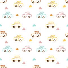 Seamless illustration with funny multicolored cars. Children s print. Trendy modern texture for fabric, wallpaper, textile and apparel.