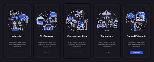 Outside air pollutants onboarding mobile app page screen with concepts. Auto, construction walkthrough 5 steps graphic instructions. UI, UX, GUI vector template with linear night mode illustrations
