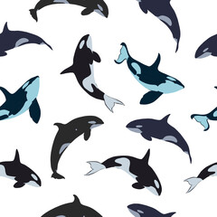 Killer whales seamless pattern. Backgrounds and wallpapers for invitations, cards, fabrics, packaging, textiles, posters. Vector illustration.
