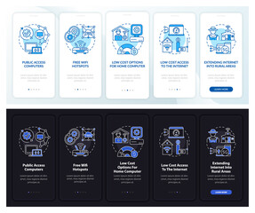 Digital inclusion measures onboarding mobile app page screen with concept. Computer walkthrough 5 steps graphic instructions. UI, UX, GUI vector template with linear dark and light theme illustrations