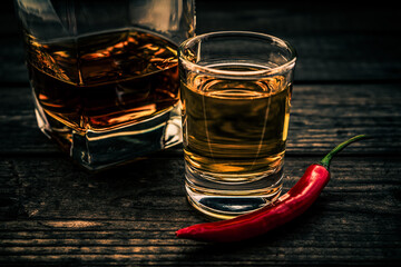 Glass of brandy and tequila with cayenne pepper on an old wooden table. Close up view