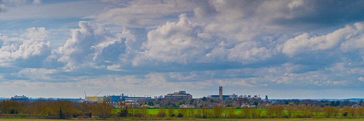 Panoramic view of Cambridgeshire country side with Addenbrookes Cambridge NHS University hospital...