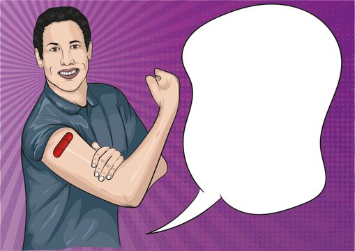 cartoon man getting vaccine with plaster on his arm covid vaccine