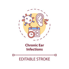Chronic ear infections concept icon. Hearing loss cause idea thin line illustration. Affecting auditory nerve. Otitis media. Fluid buildup. Vector isolated outline RGB color drawing. Editable stroke