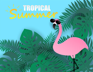 Tropical summer  holiday. Design with flamingo and tropical leaves on  colorful pastels. paper art style.  Design for template,banners,flyers,posters, brochure. Vector.
