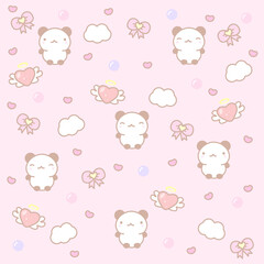 Kawaii pattern with panda, clouds, hearts and bows on a pink background.
