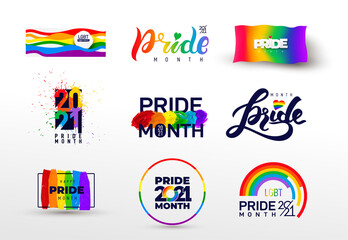 Pride design logo icon. Set of LGBTQ related symbol in rainbow colors. Gay pride. Rainbow community pride month. Love, freedom, support, peace flat symbol. Vector illustration. - obrazy, fototapety, plakaty