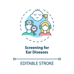 Screening for ear diseases concept icon. Hearing loss prevention idea thin line illustration. Examination for hearing impairment. Vector isolated outline RGB color drawing. Editable stroke