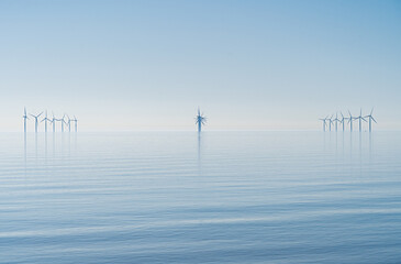 Offshore wind turbines generating renewable electricity and energy off the Essex clacton coast for...