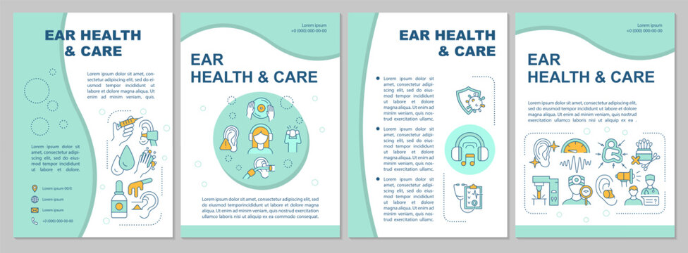 Ear health and care brochure template. Deafness prevention. Flyer, booklet, leaflet print, cover design with linear icons. Vector layouts for presentation, annual reports, advertisement pages