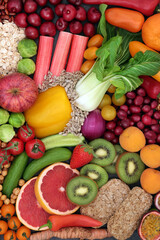 Health food sources of plant based antioxidants that fight free radicals with fruit, vegetables, cereal products &  legumes, high in fibre, minerals, vitamins, omega 3, anthocayanins & lycopene.  