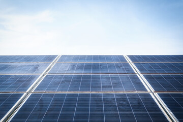 Old Solar panels against blue sky background, Arrangement of solar energy production plant or Solar panels Maintenance Technician Concept