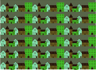 Seamless pattern with cityscape of colored houses on a pavement street 