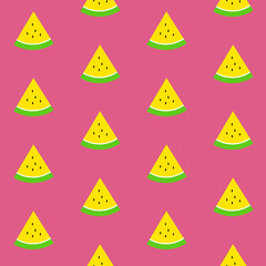 Yellow watermelon slices with green peel and black seeds, seamless pattern on ruby background, vector illustration. Summertime freshness, juicy and colourful theme