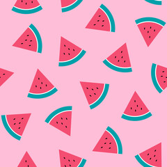 Watermelon slices with turquoise peel and black seeds, seamless pattern on pink background, vector illustration. Summertime freshness, juicy and colourful theme 