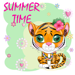 Cartoon tiger hula dancer. Hawaii, Vacation, Sea, Vacation. Summer is coming. Children's style, sweetheart. Symbol of 2022
