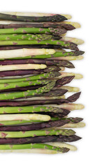 Asparagus group of healthy vegetables organized in a row isolated on a white background. Purplem green and white asparagus.