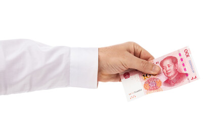 Man hand gives one hundred yuan, isolated on white background