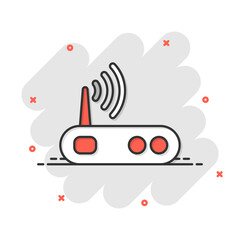 Wifi router icon in comic style. Broadband cartoon vector illustration on white isolated background. Internet connection splash effect business concept.