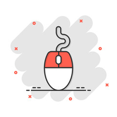 Computer mouse icon in comic style. Cursor cartoon vector illustration on white isolated background. Pointer splash effect business concept.