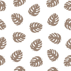 Brown monstera leaves on white background, tropical seamless pattern. Trendy summer style, vector illustration