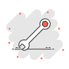 Wrench icon in comic style. Spanner key cartoon vector illustration on white isolated background. Repair equipment splash effect business concept.