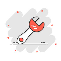 Wrench icon in comic style. Spanner key cartoon vector illustration on white isolated background. Repair equipment splash effect business concept.