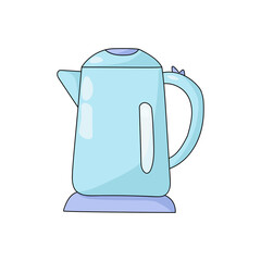 Electric kettle in cartoon style, kitchen appliance in gentle blue color