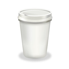 A cup of coffee. Plastic cup with coffee. Drink. 3d style. Style Realism. Realistic. Isolated. White background. Vector. White cup.Beverage.Cappuccino