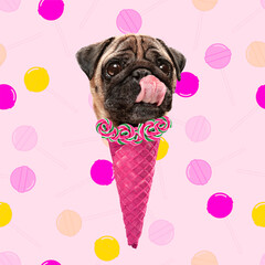 Contemporary art collage, modern design. Summer mood. Icecream made of dog's head on light pink background