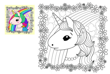 Coloring book. Vector funny unicorn with rainbow, flowers and hearts. Cartoon. Black and white outline illustration. Coloring pages. - obrazy, fototapety, plakaty