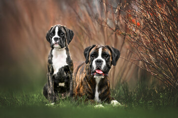 german boxer dog and her puppy posing together outdoors