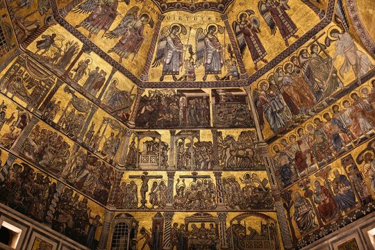 FLORENCE, ITALY - MAY 1, 2015: Interior view of the Baptistery of Saint John in Florence, Italy. The landmark features Florentine Romanesque style and has mosaics by Jacopo Torriti.