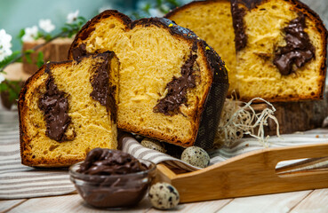 Panettone is an Italian type of sweet bread. Freshly baked sweet braided bread. Eastern European freshly baked dessert