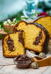 Panettone is an Italian type of sweet bread. Freshly baked sweet braided bread. Eastern European freshly baked dessert