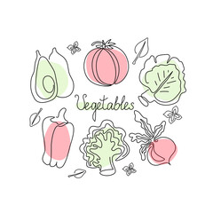 A set of vegetables in the style of line art. Cabbage, avocado, tomato, pepper, cauliflower, radish. One line drawings. Isolated background, vector graphics.