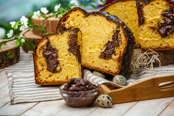 Panettone is an Italian type of sweet bread. Freshly baked sweet braided bread. Eastern European freshly baked dessert