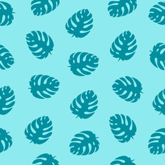 Turquoise monstera leaves on blue background, tropical seamless pattern. Trendy summer style, vector illustration