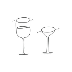 Continuous line drawing of two glasses. Minimalist vector illustration isolated on white background for menu, print, t-shirt.